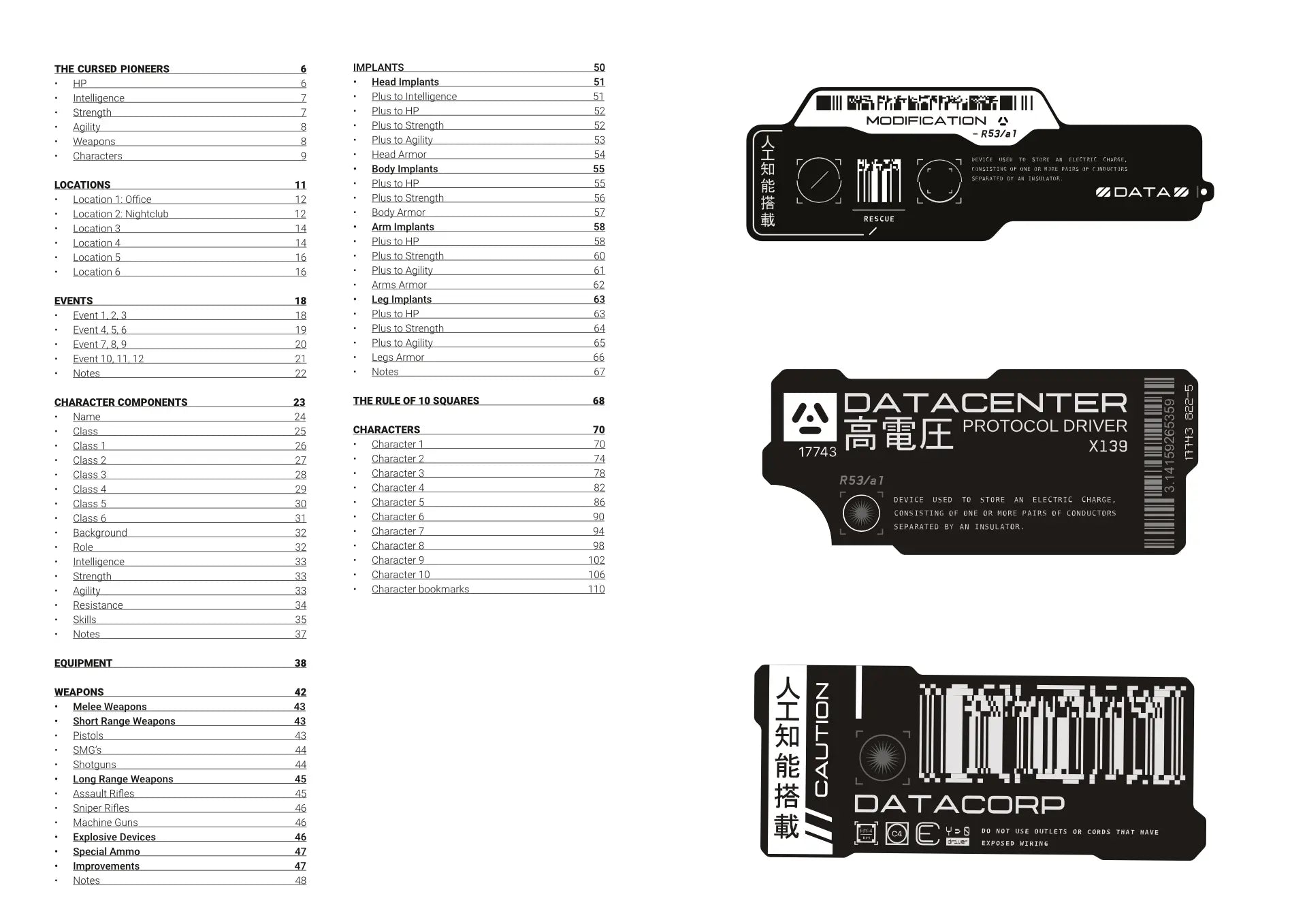 Table of Contents for the Cyberpunk Character Workbook, listing sections for character stats, weapons, implants, and custom game development examples for cyberpunk ttrpg creators. fernflowerpress.com