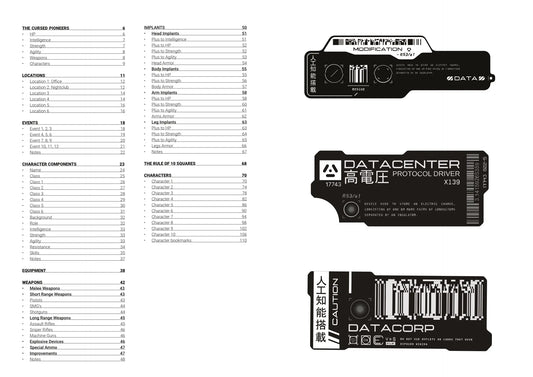 Table of Contents for the Cyberpunk Character Workbook, listing sections for character stats, weapons, implants, and custom game development examples for cyberpunk ttrpg creators. fernflowerpress.com