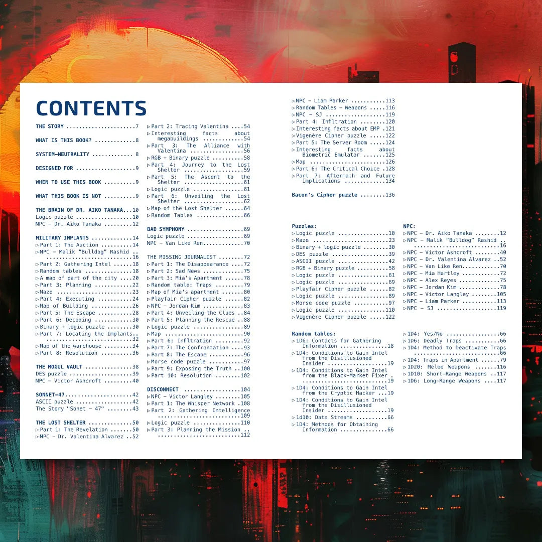 Table of Contents for the Cyberpunk Scenarios [1st Book], listing mission scenarios, cyber puzzles, and random event tables for cyberpunk and ttrpg game masters. fernflowerpress.com