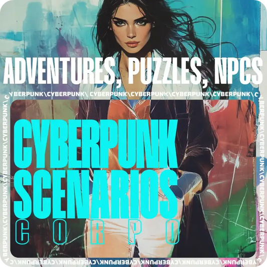 Cover art for Cyberpunk Scenarios [2nd Book], an anthology of new mission scenarios, cyber puzzles, and random events, designed for cyberpunk and ttrpg tabletop roleplaying games. fernflowerpress.com