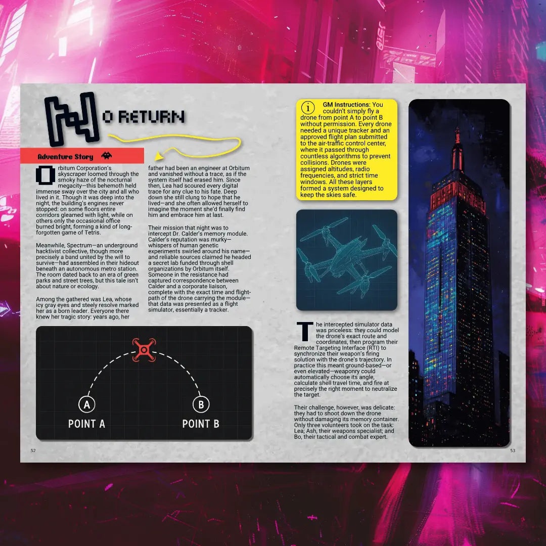 Two-page spread from Cyberpunk Scenarios [2nd Book] detailing a complete mission scenario, outlining the core challenge, player choices, and resolution for a cyberpunk ttrpg session. fernflowerpress.com