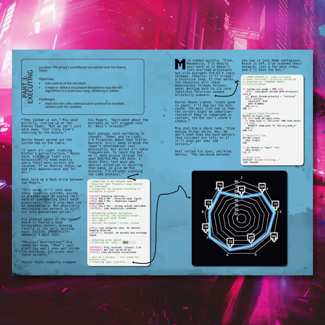 Two-page spread from Cyberpunk Scenarios [2nd Book] showcasing a Random Event Table or Cyber Program module, designed to introduce unexpected events and challenges into a cyberpunk ttrpg session. fernflowerpress.com
