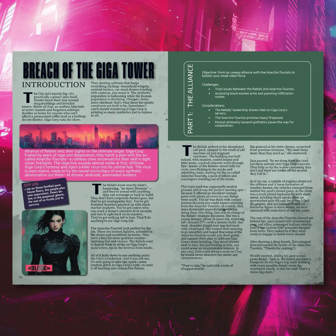 Two-page spread from Cyberpunk Scenarios [2nd Book] showing a fragment of a mission scenario, providing plot details, consequences, and hooks for a cyberpunk ttrpg session. fernflowerpress.com
