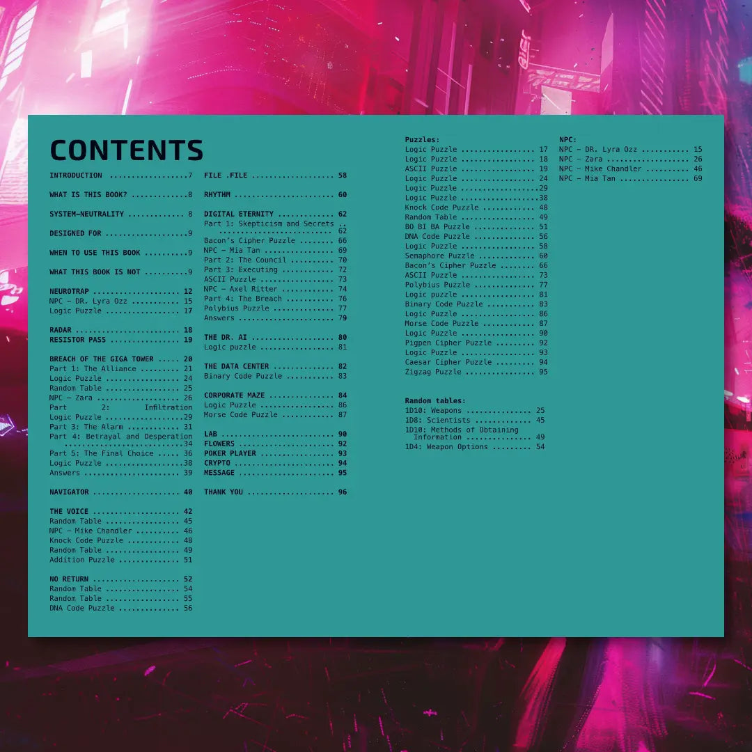 Table of Contents for the Cyberpunk Scenarios [2nd Book], listing new mission scenarios, cyber puzzles, and random event tables for cyberpunk and ttrpg game masters. fernflowerpress.com