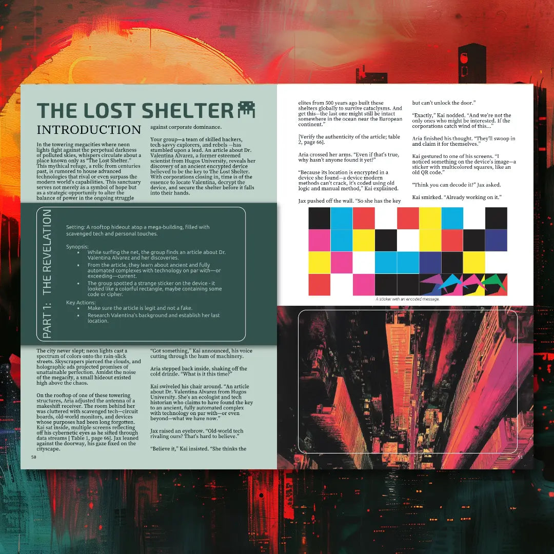 Two-page spread from Cyberpunk Scenarios [1st Book] showcasing a cyber puzzle or code challenge designed to integrate a hacking or investigation challenge into a cyberpunk ttrpg mission. fernflowerpress.com