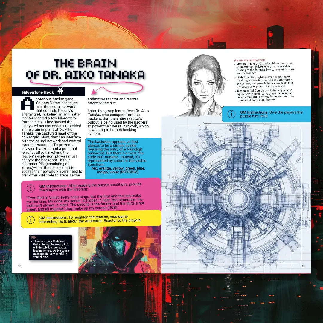 Two-page spread from Cyberpunk Scenarios [1st Book], showing the structure of a single mission scenario, including plot hooks, consequences, and resolution for a cyberpunk ttrpg session. fernflowerpress.com