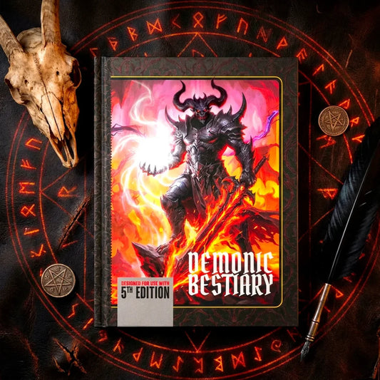 Banner with the cover of Demonic Bestiary 5e, a must-have dnd 5e book featuring unique dnd demons, d&d demons lore, and adventure hooks inspired by legends and folklore. Perfect addition for anyone searching for dnd books, dnd books 5e, dnd 5e books, or d and d demons to expand their dungeons and dragons monsters collection and enhance campaign adventures fernflowerpress.com