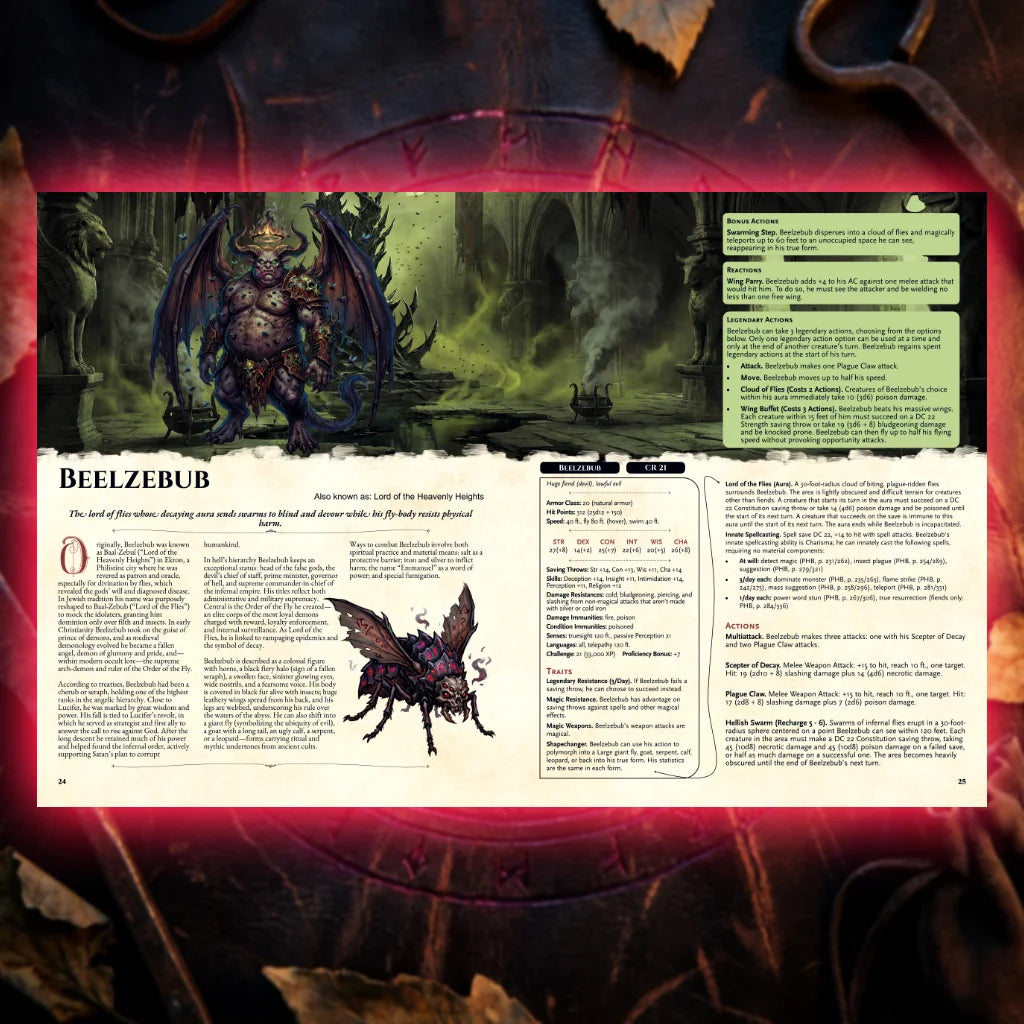 Book spread featuring Beelzebub, a unique DnD demon from the Demonic Bestiary 5E book. The left page details Beelzebub’s legend, lore, and folklore origins, while the right page presents a full DnD 5E stat block plus adventure hooks. Perfect for players and collectors searching for DnD books, 5E demons, D&D demon lore, and new Dungeons & Dragons fiends to expand their tabletop campaigns; fernflowerpress.com