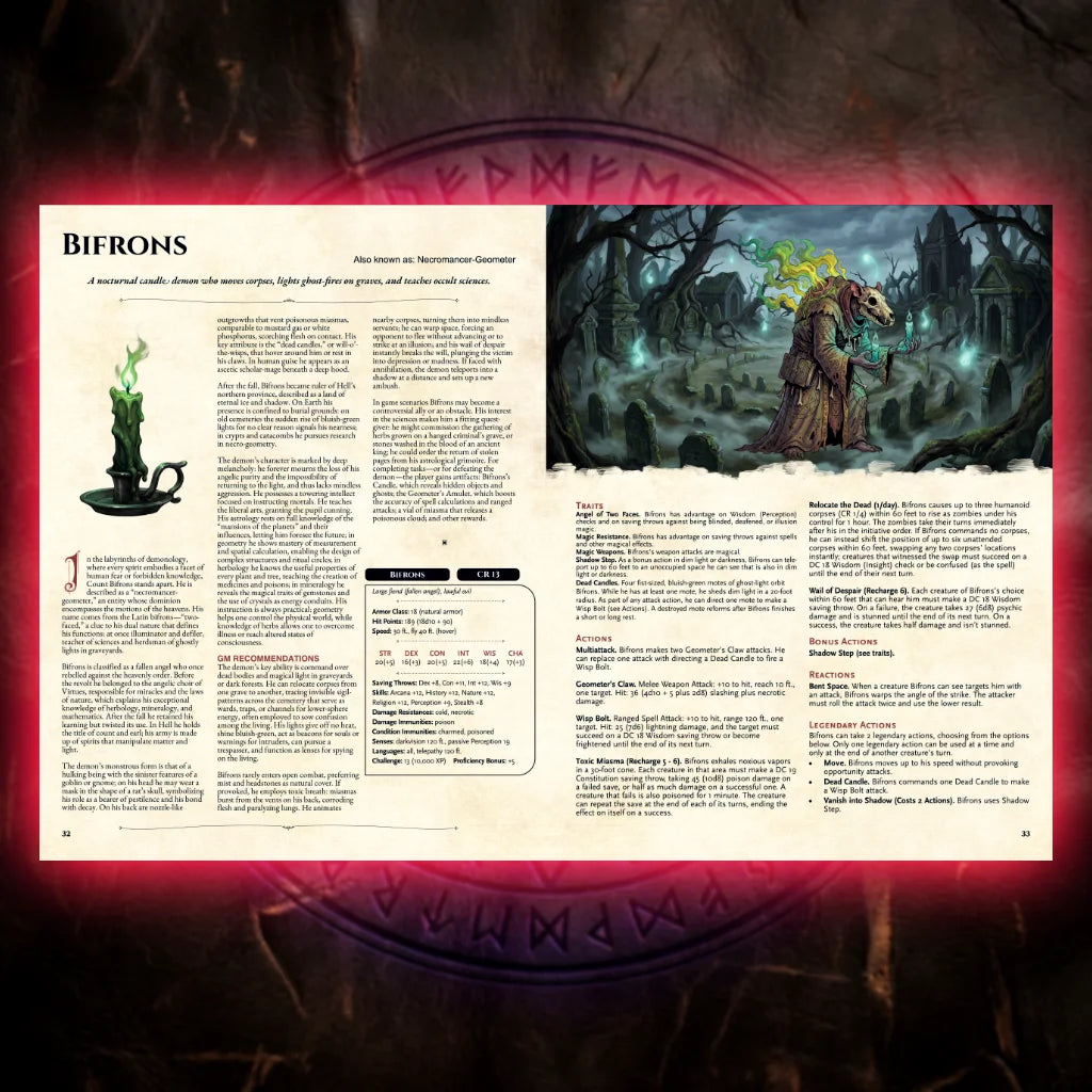 Book spread featuring Bifrons Demonic Bestiary 5E DnD book. The left page explores legend, origins, and folklore, while the right page displays a detailed dnd 5e stat block and adventure hooks. Perfect resource for players and collectors looking for dnd books, dnd 5e books, dnd books 5e, d&d monster lore, dnd monsters, d and d monsters, and new dungeons and dragons monsters to enrich campaigns and expand dnd libraries; fernflowerpress.com