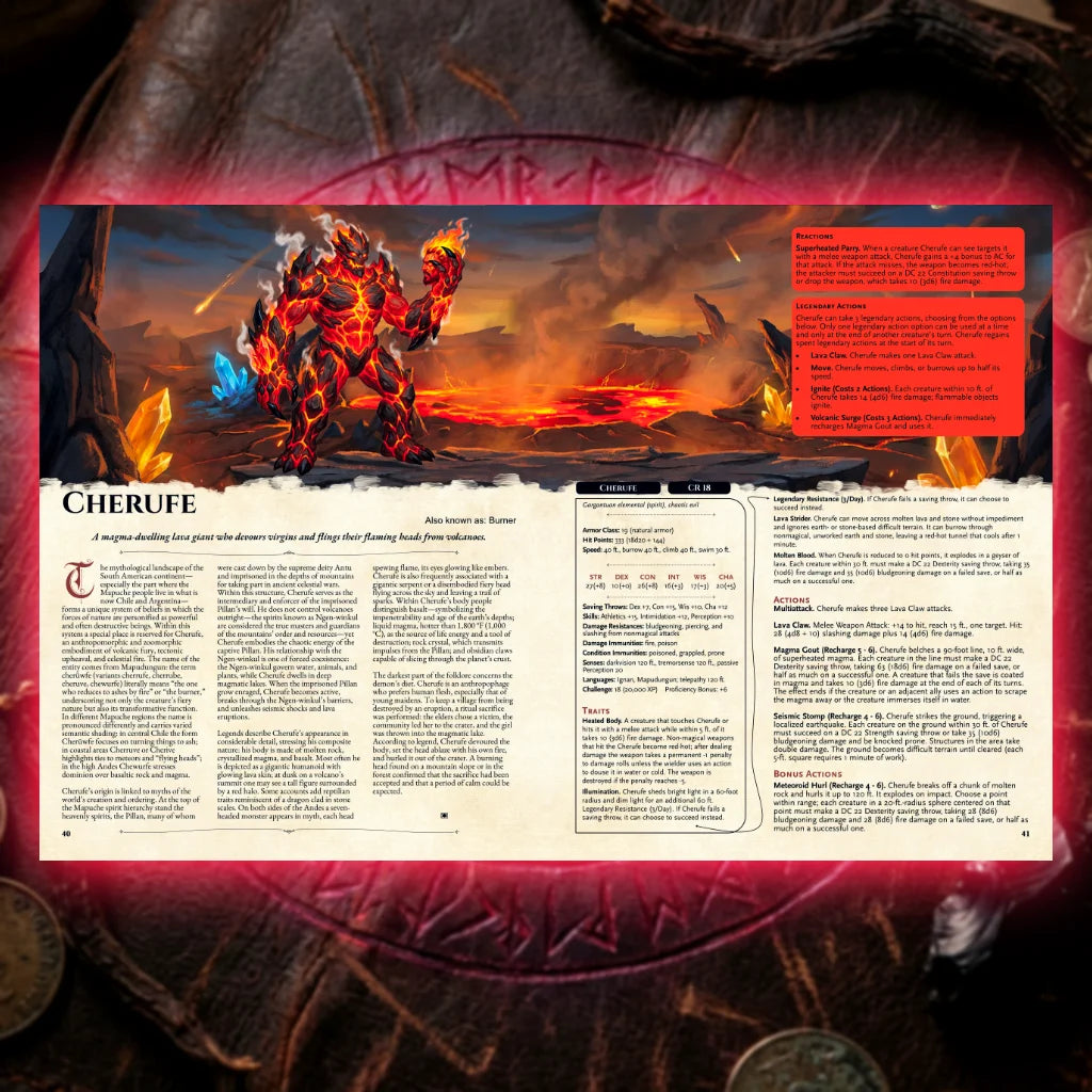 Book spread featuring Cherufe, a unique South American volcano demon from the Demonic Bestiary 5E DnD book. The left page explores myth, origins, appearance, and legends, while the right page presents a full DnD 5E stat block and adventure hooks. Perfect for DnD players and collectors seeking new dnd5e monsters, South American folklore, d&d books 5e, and high-level epic encounters and new dungeons and dragons monsters to enrich campaigns and expand dnd libraries; fernflowerpress.com
