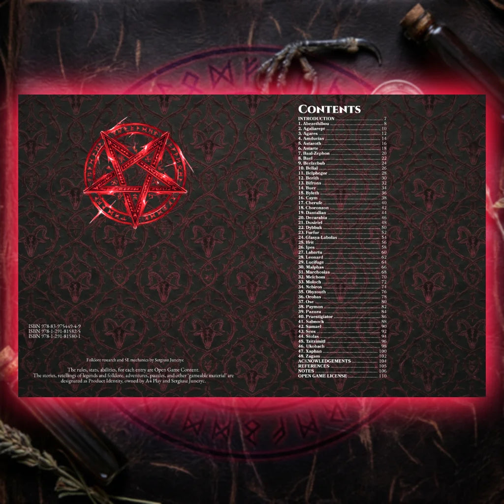 Book spread featuring contents od demonic bestiary 5e; Perfect for players and collectors searching for DnD books, 5E demons, D&D demon lore, and new Dungeons & Dragons fiends to expand their tabletop campaigns; fernflowerpress.com