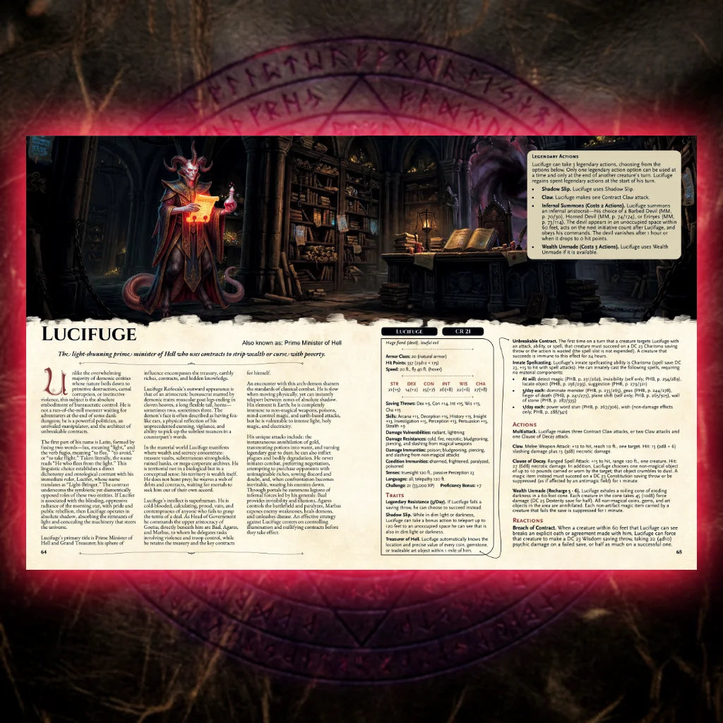 Book spread featuring Lucifuge Rofocale, Hell’s prime minister from the Demonic Bestiary 5E DnD book. The left page explores legend, origins, and folklore, while the right page displays a detailed dnd 5e stat block and adventure hooks. Perfect resource for players and collectors looking for dnd books, dnd 5e books, dnd books 5e, d&d monster lore, dnd monsters, d and d monsters, and new dungeons and dragons monsters to enrich campaigns and expand dnd libraries; fernflowerpress.com