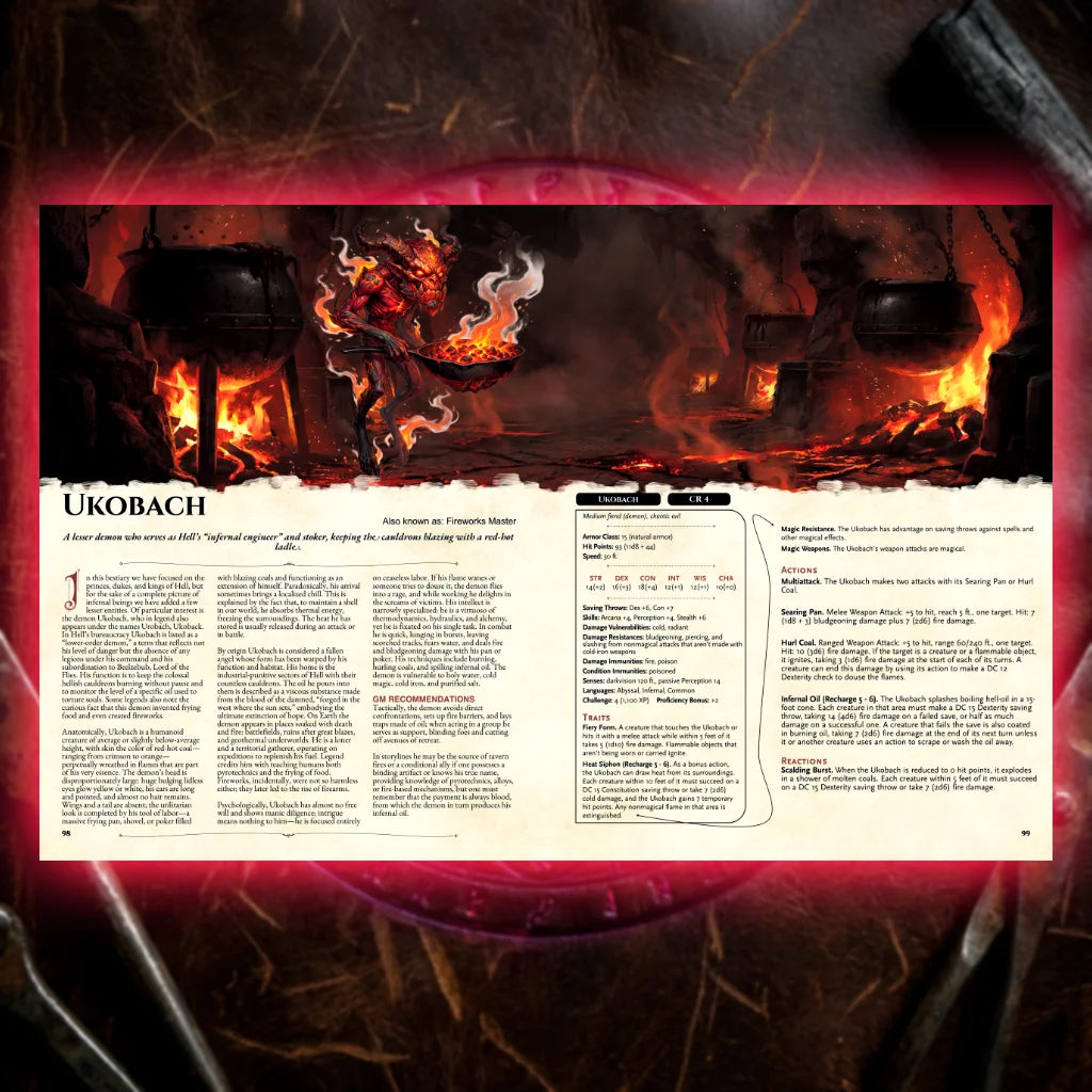 Book spread featuring Ukobach Demonic Bestiary 5E DnD book. The left page explores legend, origins, and folklore, while the right page displays a detailed dnd 5e stat block and adventure hooks. Perfect resource for players and collectors looking for dnd books, dnd 5e books, dnd books 5e, d&d monster lore, dnd monsters, d and d monsters, and new dungeons and dragons monsters to enrich campaigns and expand dnd libraries; fernflowerpress.com