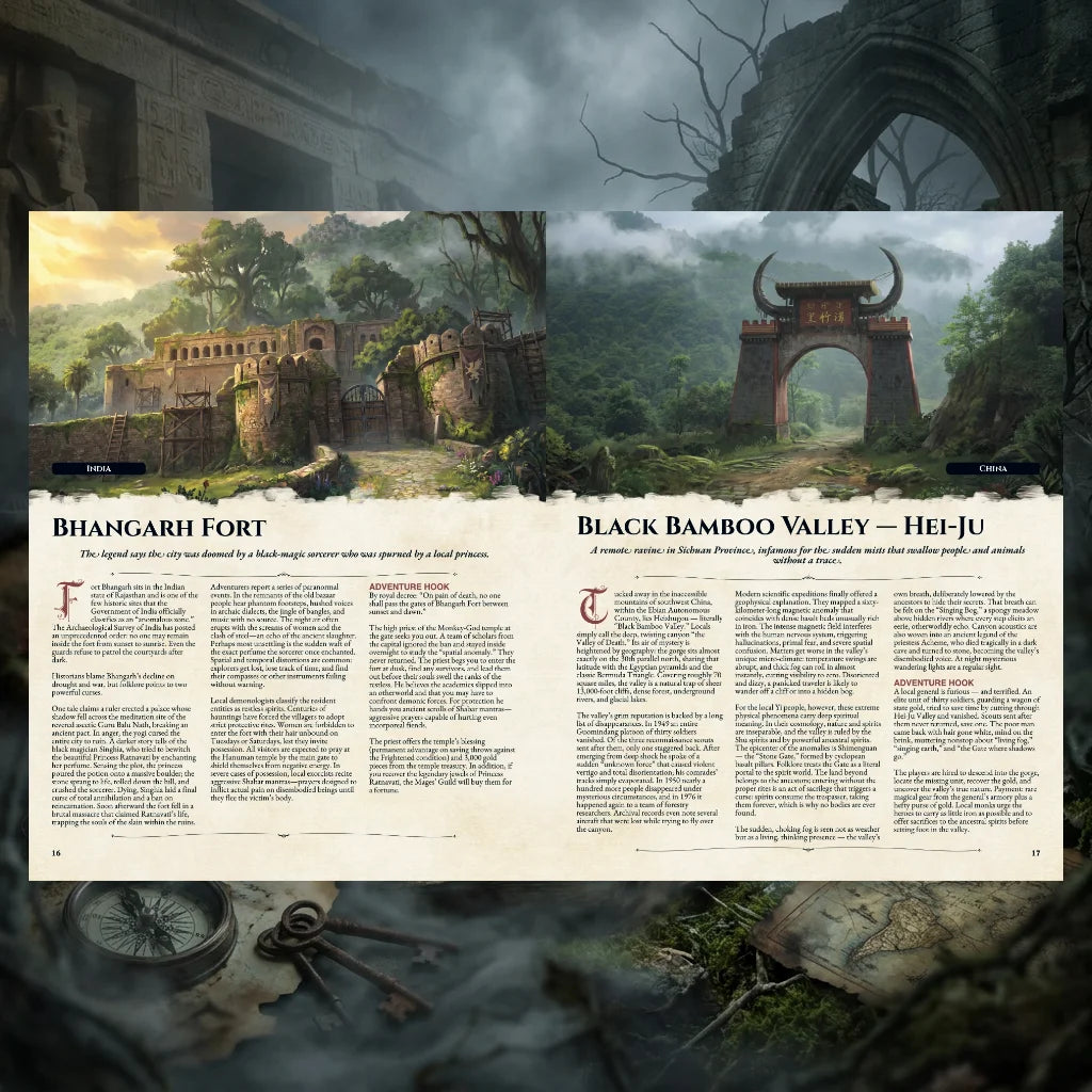 Spread of the 100 cursed location book with bhangarh fort and black bamboo valley locations published by Fern Flower  Press