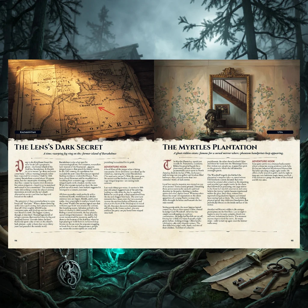 Spread of the 100 cursed location book with the lens's dark secret and the myrtles plantation locations published by Fern Flower  Press