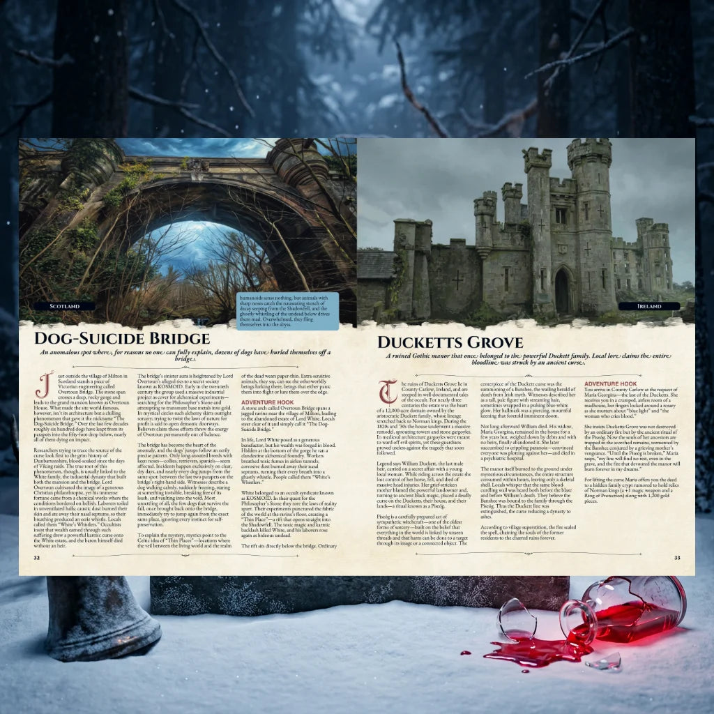 Spread of the 100 cursed location book with the dog suicide bridge and the ducketts grove locations published by Fern Flower  Press