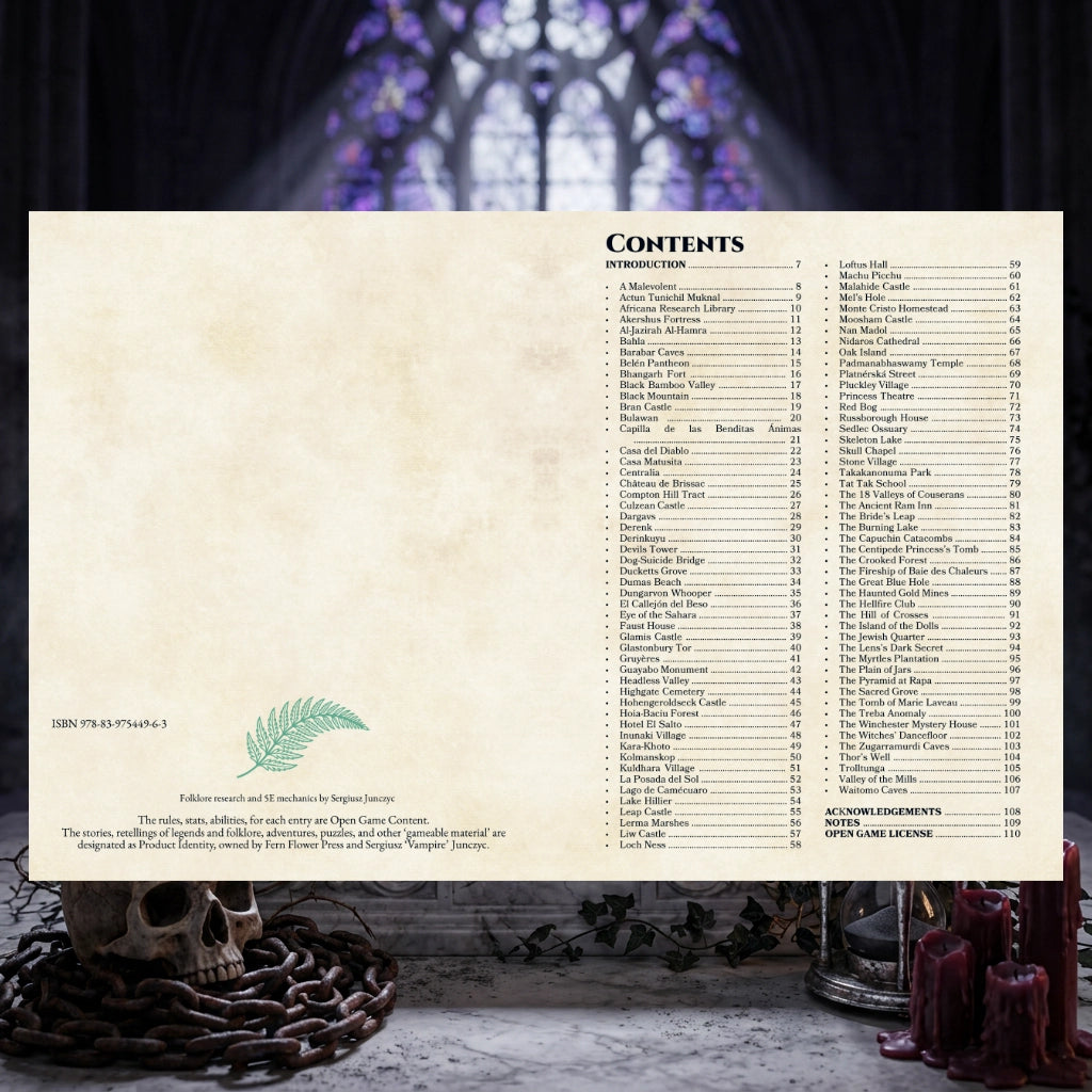 Spread contents  of the 100 cursed location book published by Fern Flower  Press