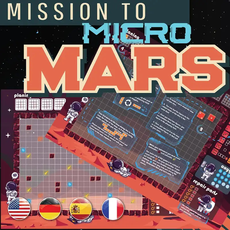 Cover of "Micro Mars", a fast and fun Roll&Write/Print&Play space adventure game for 1–100 players ages 8+, where you explore and collect starship parts before running out of oxygen. Rules in English, German, Spanish, and French. print and play game fernflowerpress.com 