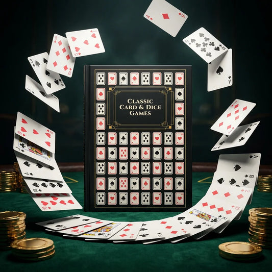Cover art for Classic Card & Dice Games by fernflowerpress.com. A must-have addition to your collection of books, this illustrated guide features over 100 card and dice games with clear rules. Perfect for bringing immersive tavern scenes and downtime diversions to life.