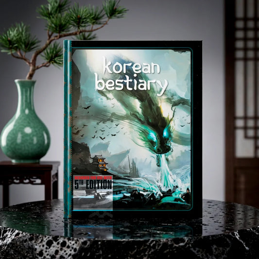 Cover art for the Korean Bestiary 5E, featuring 41 original monsters and creatures inspired by Korean folklore, a must-have dnd 5e book featuring unique dnd monsters, d&d monster lore, and adventure hooks inspired by Korean legends and folklore. Perfect addition for anyone searching for dnd books, dnd books 5e, dnd 5e books, or d and d monsters to expand their dungeons and dragons monsters collection and enhance campaign adventures fernflowerpress.com
