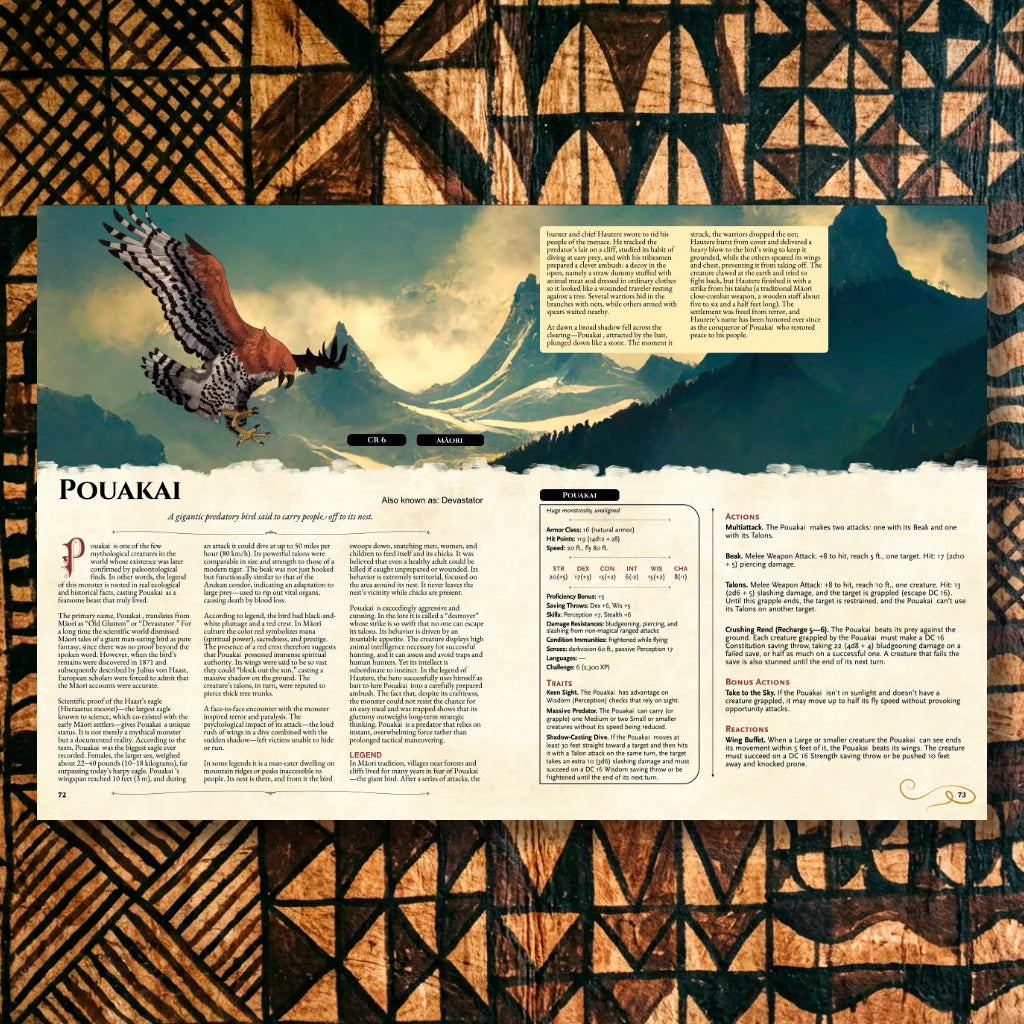 Book spread featuring Pouakai, a unique dnd monster from the Oceanian Bestiary 5E dnd 5e book. The left page shares Pouakai’s legend, origins, and folklore, while the right page presents a detailed dnd 5e stat block and adventure hooks. Perfect for players and collectors searching for dnd books, dnd books 5e, dnd 5e books, d&d water monster lore, dnd Oceanian monsters, d and d monsters, and new dungeons and dragons monsters to expand their tabletop campaigns; fernflowerpress.com