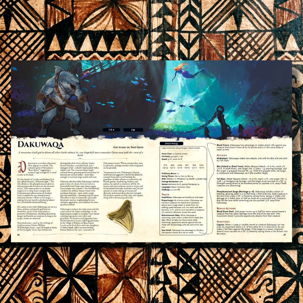 Book spread featuring Dakuwaqa, a unique dnd monster from the Oceanian Bestiary 5E dnd 5e book. The left page shares Dakuwaqa’s legend, origins, and folklore, while the right page presents a detailed dnd 5e stat block and adventure hooks. Perfect for players and collectors searching for dnd books, dnd books 5e, dnd 5e books, d&d monster lore, dnd monsters, d and d monsters, and new dungeons and dragons monsters to expand their tabletop campaigns; fernflowerpress.com