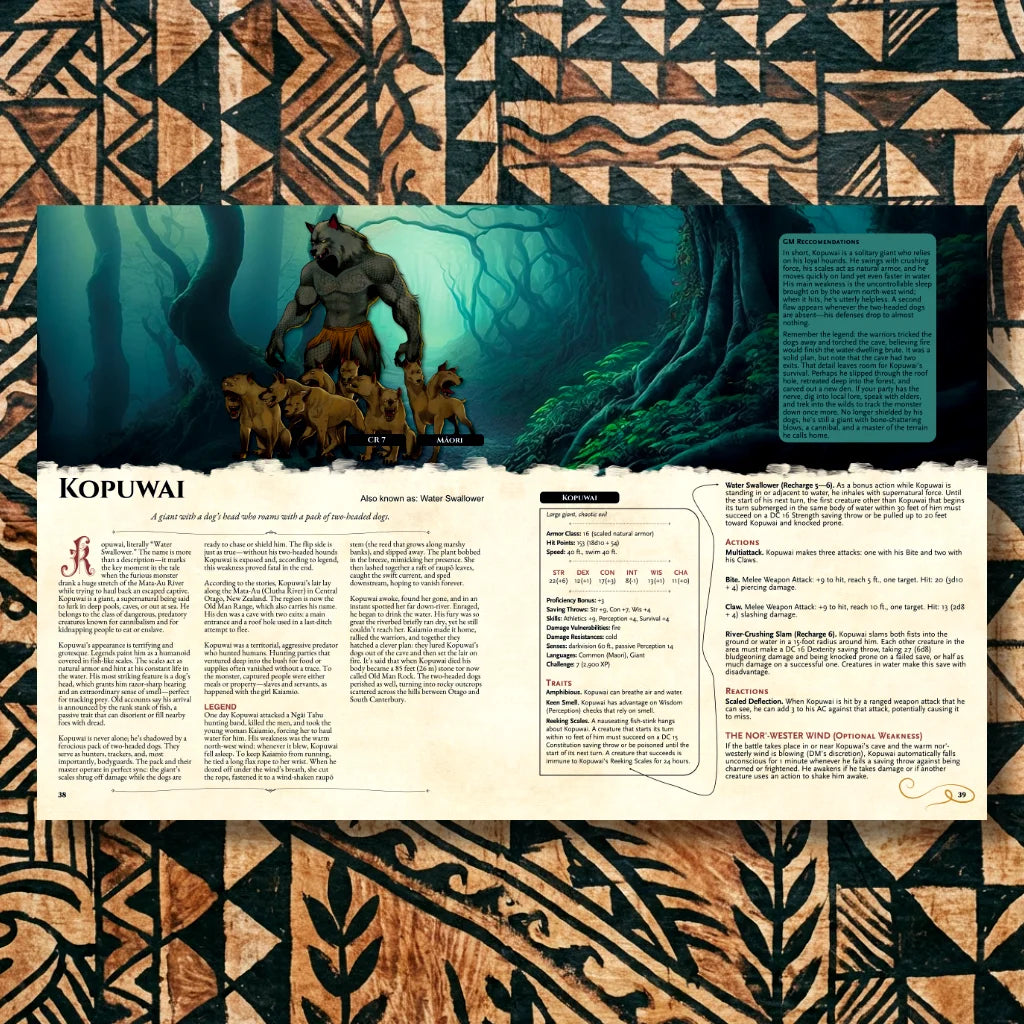 Book spread featuring Kopuwai, a unique dnd monster from the Oceanian Bestiary 5E dnd 5e book. The left page shares Kopuwai’s legend, origins, and folklore, while the right page presents a detailed dnd 5e stat block and adventure hooks. Perfect for players and collectors searching for dnd books, dnd books 5e, dnd 5e books, d&d monster lore, dnd monsters, d and d monsters, and new dungeons and dragons monsters to expand their tabletop campaigns; fernflowerpress.com