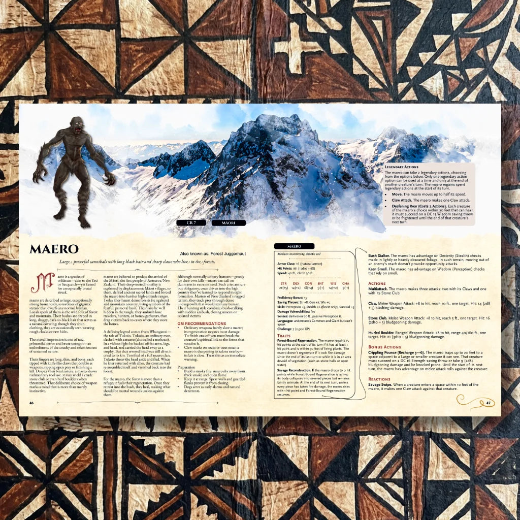 Book spread featuring Maero, a unique dnd monster from the Oceanian Bestiary 5E dnd 5e book. The left page shares Maero’s legend, origins, and folklore, while the right page presents a detailed dnd 5e stat block and adventure hooks. Perfect for players and collectors searching for dnd books, dnd books 5e, dnd 5e books, d&d monster lore, dnd monsters, d and d monsters, and new dungeons and dragons monsters to expand their tabletop campaigns; fernflowerpress.com