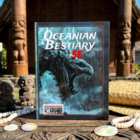  Banner with the cover of Oceanian Bestiary 5e tabletop RPG book, a must-have dnd 5e book featuring unique dnd  oceanian monsters, d&d monster water lore, and adventure hooks inspired by legends and folklore. Perfect addition for anyone searching for dnd books, dnd books 5e, dnd 5e books, or d and d monsters to expand their dungeons and dragons monsters collection and enhance campaign adventures fernflowerpress.com