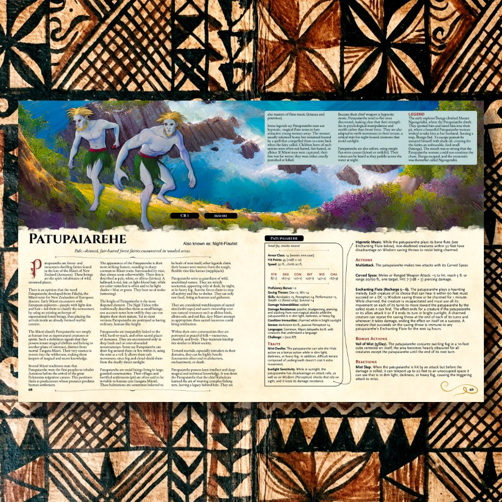 Book spread featuring Patupaiarehe, a unique dnd monster from the Oceanian Bestiary 5E dnd 5e book. The left page shares Patupaiarehe’s legend, origins, and folklore, while the right page presents a detailed dnd 5e stat block and adventure hooks. Perfect for players and collectors searching for dnd books, dnd books 5e, dnd 5e books, d&d monster lore, dnd monsters, d and d monsters, and new dungeons and dragons monsters to expand their tabletop campaigns; fernflowerpress.com