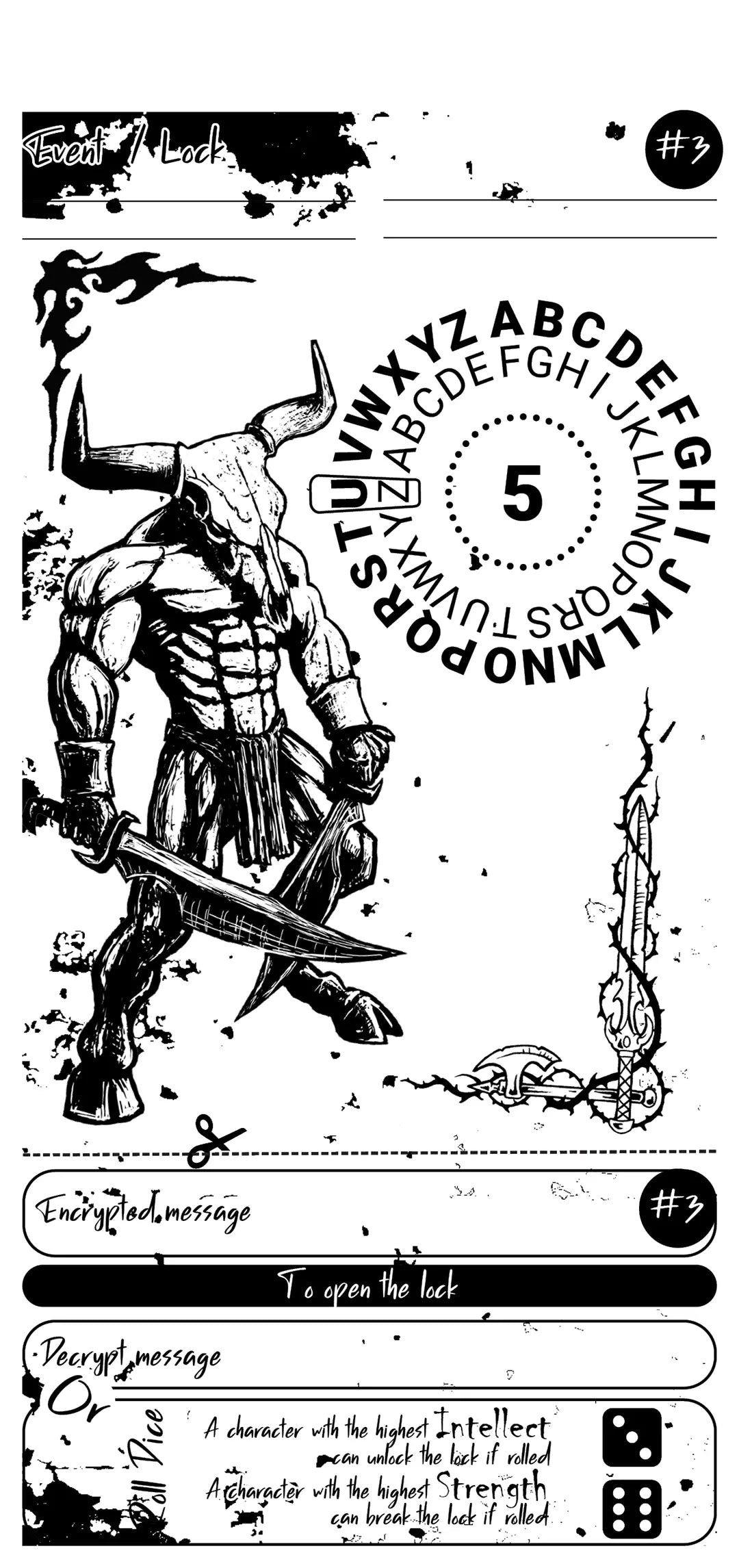 Book spread or page showing an example of a "Crack the Code" cipher challenge, including the encoded alphabet and puzzle text, ready for use as a dnd 5e and dnd5e in-game test for players. fernflowerpress.com