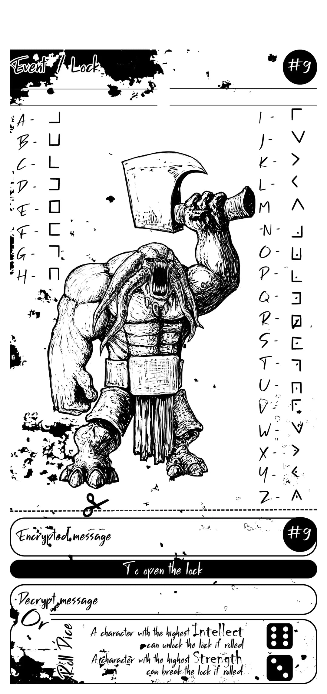 Book page showing Cipher Puzzle #2, featuring an encoded message and its unique solving mechanics, designed as a plug-and-play dnd 5e and dnd5e challenge for game masters. fernflowerpress.com