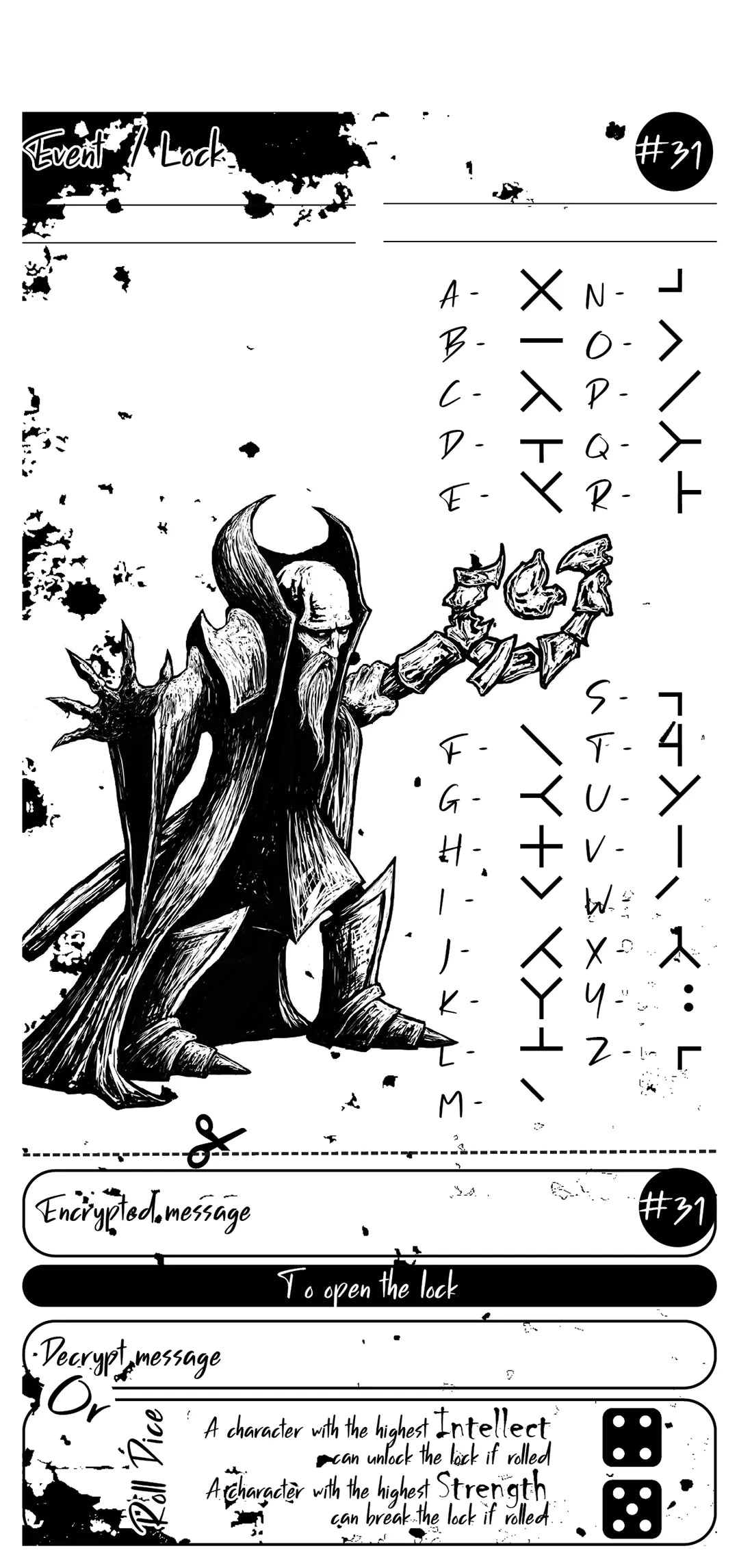 Book page showing Cipher Puzzle #3, presenting a complex encoded challenge and the corresponding secret key alphabet, ready for immediate use in dnd 5e and dnd5e adventures. fernflowerpress.com