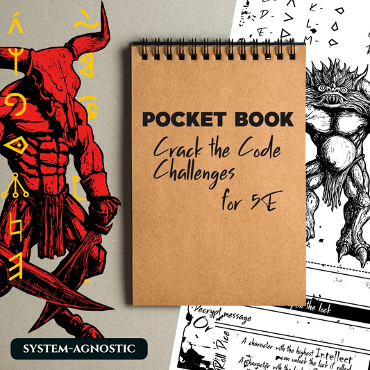 Cover art for the Pocket Book: Crack the Code Challenges, a collection of ready-made puzzles and ciphers with encoded alphabets, designed for GMs to use as dnd 5e and dnd5e lock-and-key challenges. fernflowerpress.com