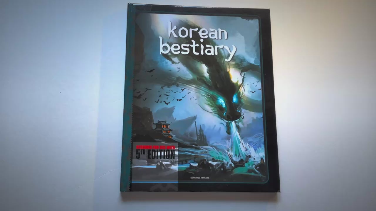 Preview of a Korean Bestiary 5E supplement based on Korean folklore, highlighting mid-tier monster stat blocks, adventure hooks, legendary artifacts, and custom artwork. fernflowerpress.com