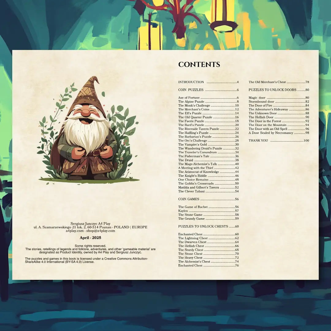 Contents  "Coin Puzzles and Lock Challenges For Your Adventures," featuring illustrated coins, puzzle pieces, locks, and treasure chests. Designed for tabletop roleplaying Game Masters, this guide highlights creative coin-based riddles, chest and door puzzles, and adventure hooks to add interactive and memorable challenges to any campaign. fernflowerpress.com