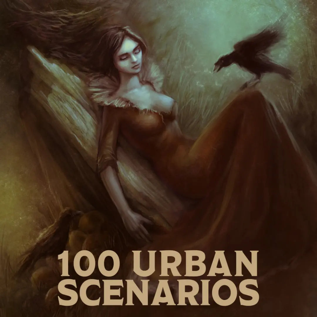 Cover art for the Urban Scenarios B&W Edition, a collection of city plot hooks and one shot ideas based on folklore and mysteries, providing easy dnd 5e and dnd5e adventure modules for GMs on fernflowerpress.com