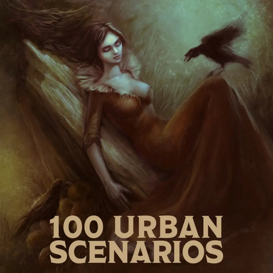 Cover art for the Urban Scenarios B&W Edition, a collection of city plot hooks and one shot ideas based on folklore and mysteries, providing easy dnd 5e and dnd5e adventure modules for GMs on fernflowerpress.com