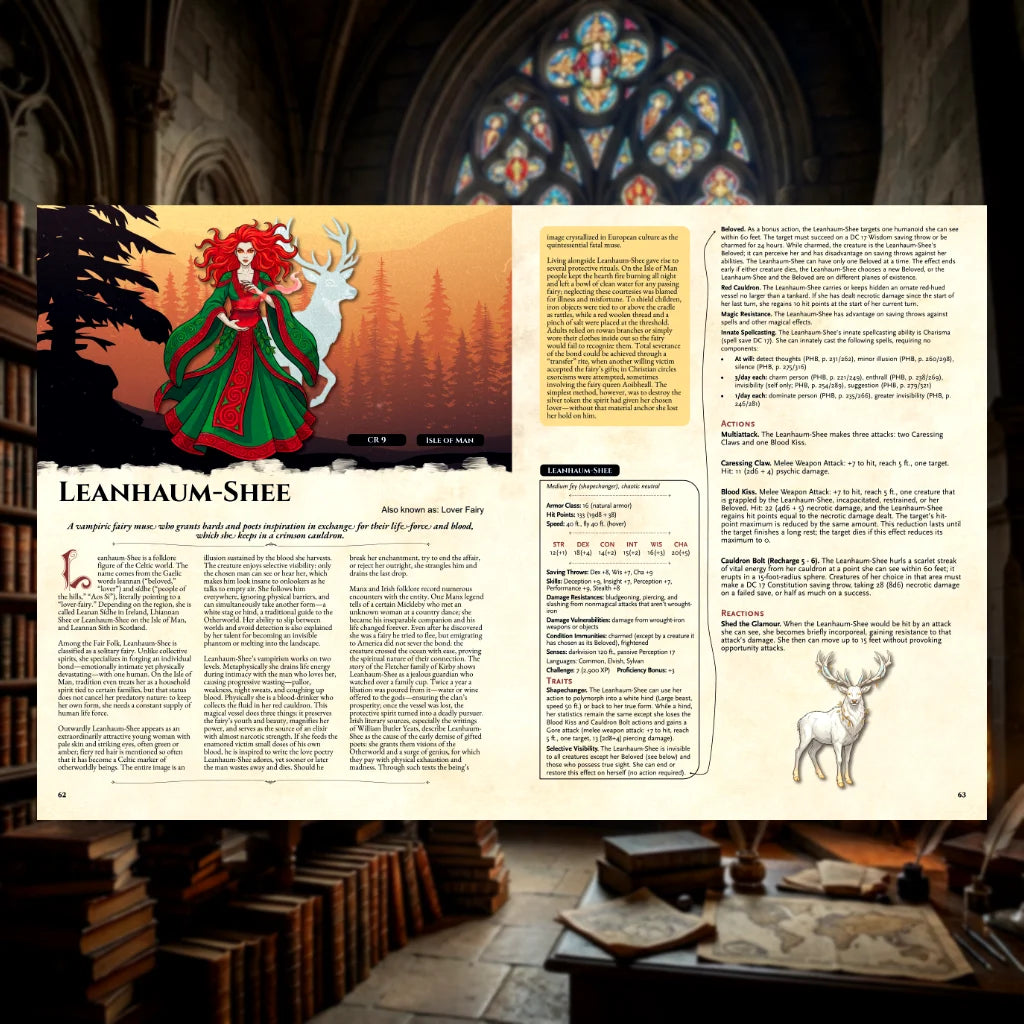 Book spread featuring Leanhaum-shee, a unique dnd monster from the Vampire Bestiary 5E dnd 5e book. The left page shares Leanhaum-shee’s legend, origins, and folklore, while the right page presents a detailed dnd 5e stat block and adventure Perfect for players and collectors searching for dnd books, dnd books 5e, dnd 5e books, d&d vampire lore, dnd vampire, d and d vampire, and new dungeons and dragons vampire to expand their tabletop campaigns; fernflowerpress.com