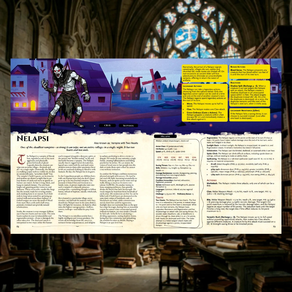 Book spread featuring Nelapsi, a unique dnd monster from the Vampire Bestiary 5E dnd 5e book. The left page shares Nelapsi’s legend, origins, and folklore, while the right page presents a detailed dnd 5e stat block and adventure hooks. Perfect for players and collectors searching for dnd books, dnd books 5e, dnd 5e books, d&d vampire lore, dnd vampire, d and d vampire, and new dungeons and dragons vampire to expand their tabletop campaigns; fernflowerpress.com