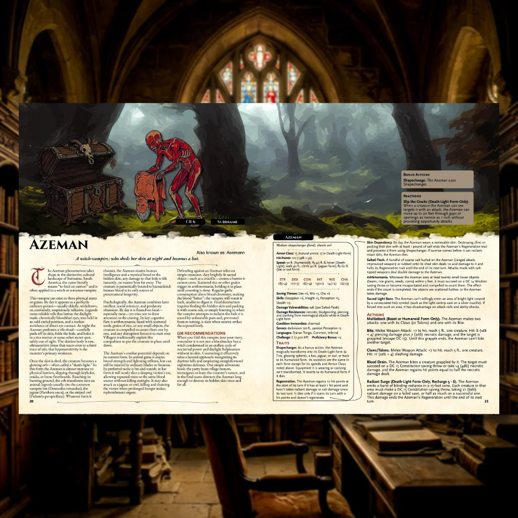 Book spread featuring Azeman, a unique dnd monster from the Vampire Bestiary 5E dnd 5e book. The left page shares Azeman’s legend, origins, and folklore, while the right page presents a detailed dnd 5e stat block and adventure hooks. Perfect for players and collectors searching for dnd books, dnd books 5e, dnd 5e books, d&d vampire lore, dnd vampire, d and d vampire, and new dungeons and dragons vampire to expand their tabletop campaigns; fernflowerpress.com
