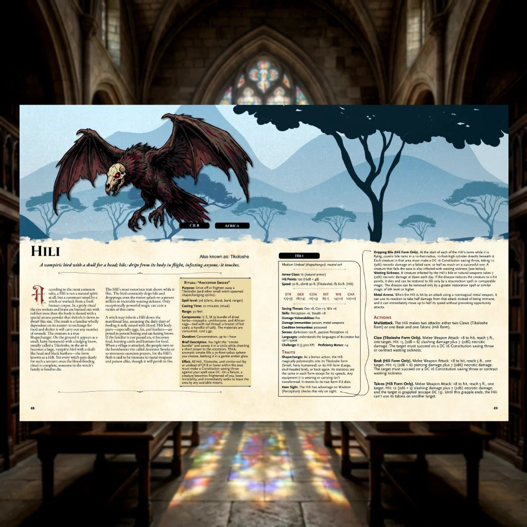 Book spread featuring Hili, a unique dnd monster from the Vampire Bestiary 5E dnd 5e book. The left page shares Hili’s legend, origins, and folklore, while the right page presents a detailed dnd 5e stat block and adventure hooks. Perfect for players and collectors searching for dnd books, dnd books 5e, dnd 5e books, d&d vampire lore, dnd vampire, d and d vampire, and new dungeons and dragons vampire to expand their tabletop campaigns; fernflowerpress.com