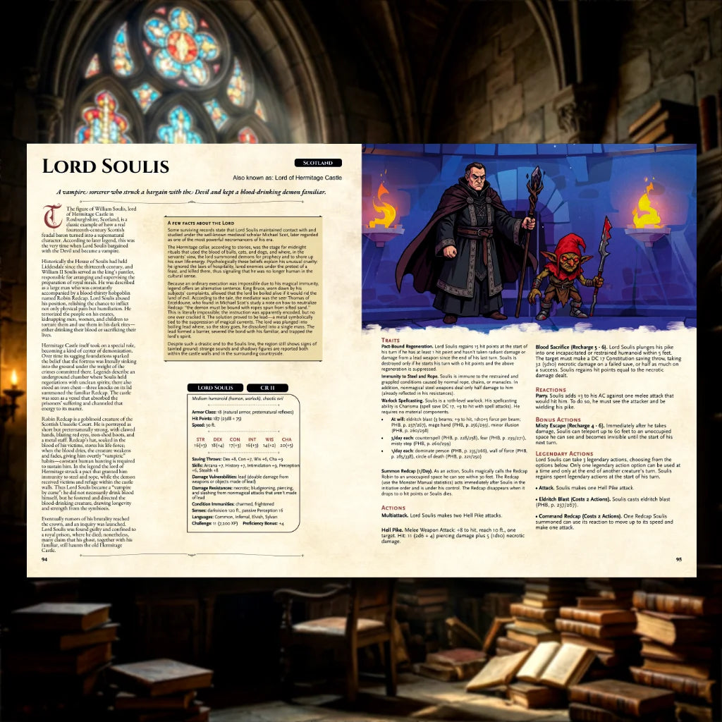 Book spread featuring Nelapsi, a unique dnd monster from the Vampire Bestiary 5E dnd 5e book. The left page shares Nelapsi’s legend, origins, and folklore, while the right page presents a detailed dnd 5e stat block and adventure hooks. Perfect for players and collectors searching for dnd books, dnd books 5e, dnd 5e books, d&d vampire lore, dnd vampire, d and d vampire, and new dungeons and dragons vampire to expand their tabletop campaigns; fernflowerpress.com