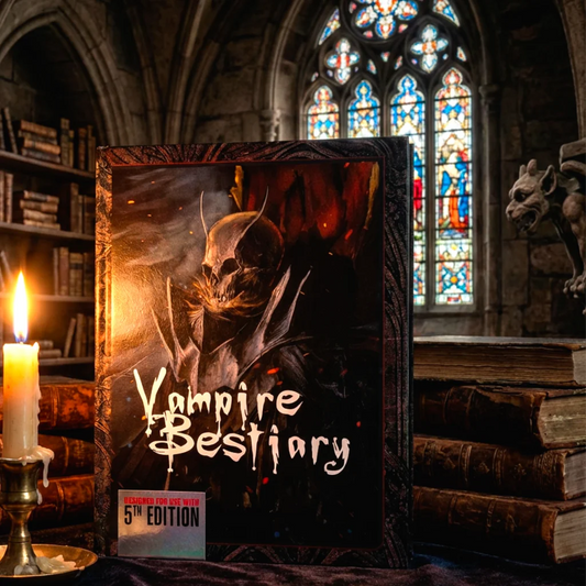 Front cover of Vampire Bestiary 5e by fernflowerpress.com  featuring a folkloric vampire illustration, a must-have dnd 5e book featuring unique dnd monsters and vampire, d&d monster and vampire, lore, and adventure hooks inspired by legends and folklore. Perfect addition for anyone searching for dnd books, dnd books 5e, dnd 5e books, or d and d monsters and vampire, to expand their dungeons and dragons monsters collection and enhance campaign adventures fernflowerpress.com