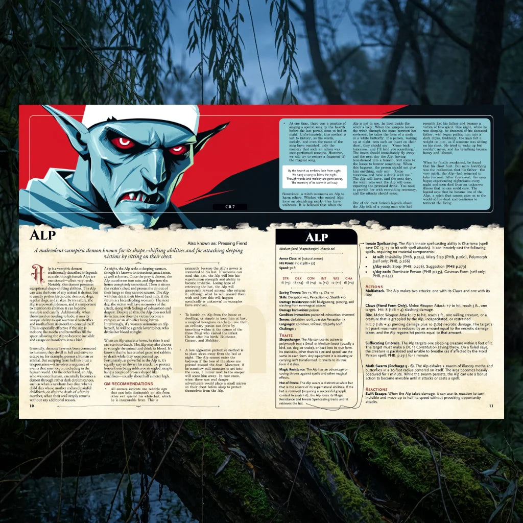 Book spread featuring Alp, a unique dnd monster from The Witchwood Bestiary dnd 5e book. The left page shares Alp’s legend, origins, and folklore, while the right page presents a detailed dnd 5e stat block and adventure hooks. Perfect for players and collectors searching for dnd books, dnd books 5e, dnd 5e books, d&d monster lore, dnd monsters, d and d monsters, and new dungeons and dragons monsters to expand their tabletop campaigns; fernflowerpress.com