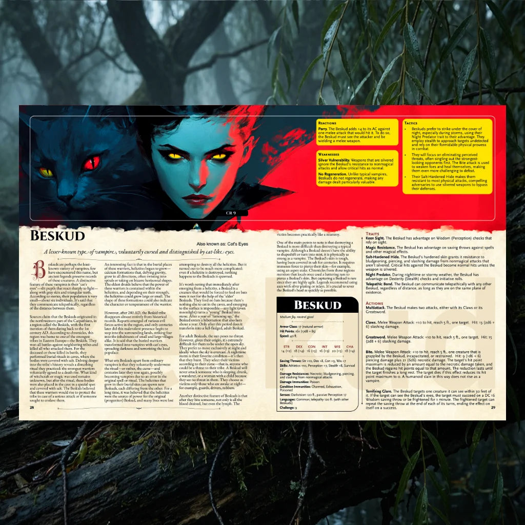 A detailed book spread from The Witchwood Bestiary by fernflowerp featuring the unique beskud. An essential addition to your collection of dnd books and dnd 5e books, the left page dives into rich d&d monster lore, exploring the creature's dark origins and folklore. The right page provides a complete dnd 5e stat block and thrilling adventure hooks. Perfect for game masters seeking new dungeons and dragons monsters, terrifying d and d monsters, and premium dnd books 5e to bring unforgettable dnd monsters to 