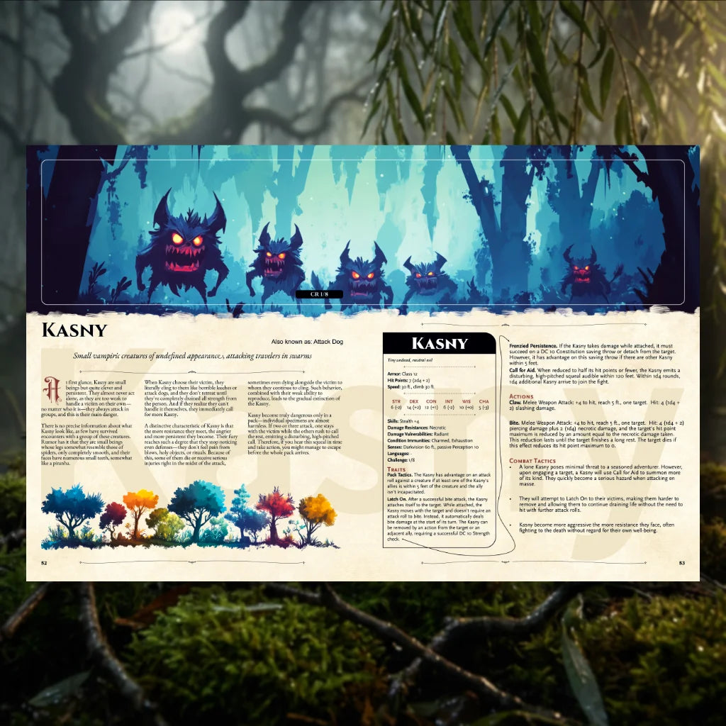 A detailed book spread from The Witchwood Bestiary, a unique dnd 5e book by fernflowerpress.com, featuring the Kasny dnd monster. The left page dives deep into rich d&d monster lore, exploring the creature's dark legend, origins, and folklore. The right page presents a comprehensive dnd 5e stat block and thrilling adventure hooks. Perfect for game masters looking for new dungeons and dragons monsters, terrifying d and d monsters, and high-quality dnd books 5e to seamlessly bring unforgettable dnd monsters