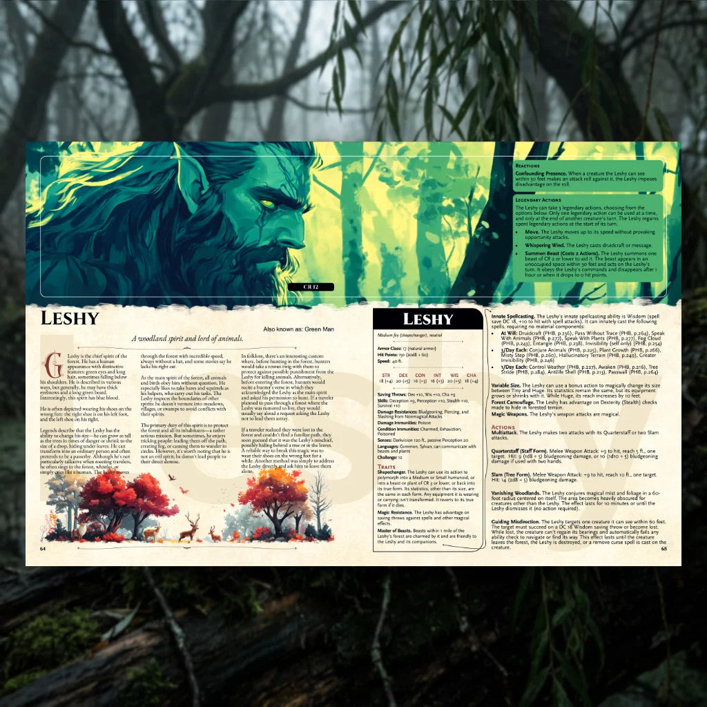Witchwood Bestiary dnd 5e book spread by fernflowerpress.com featuring the Leshy. The left page shares d&d monster lore and origins; the right provides a dnd 5e stat block. Ideal for DMs seeking dnd books, dnd 5e books, dnd books 5e, dnd monsters, d and d monsters, and new dungeons and dragons monsters for their campaigns.