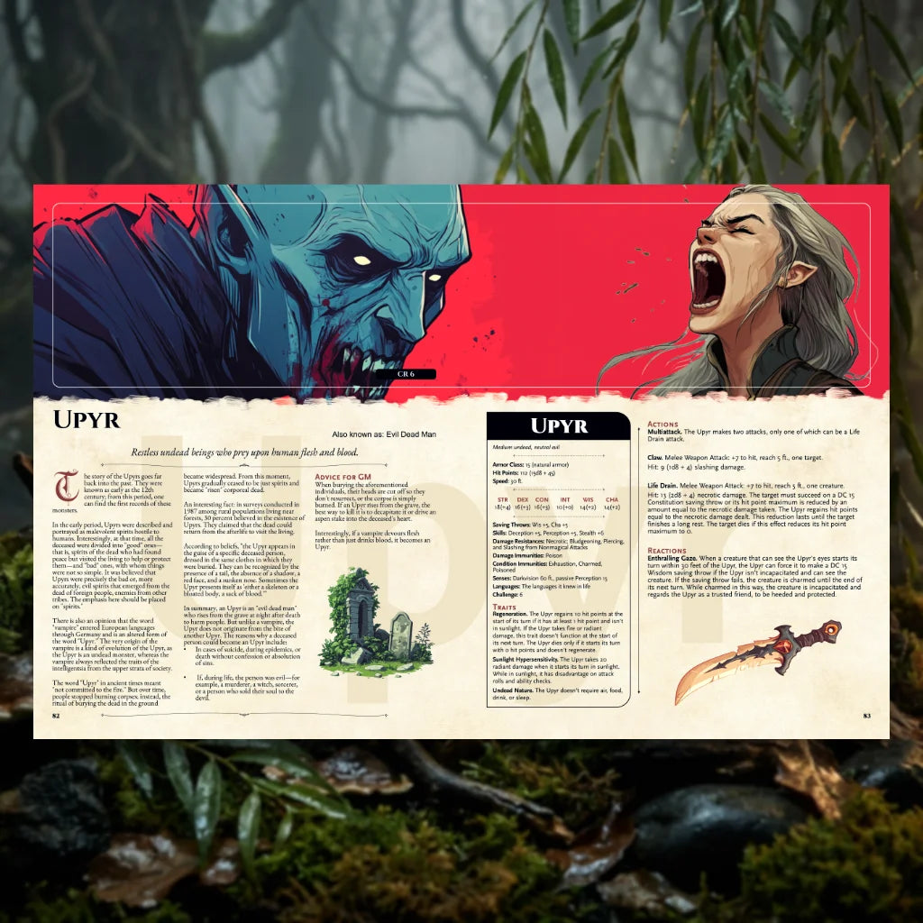 Book spread from The Witchwood Bestiary dnd book featuring the dnd monster Upyr, complete with a folklore legend and 5e stat block. This powerful addition to dnd 5e books introduces unique dnd monsters and adventure hooks inspired by Eastern European myths. Ideal for fans of dnd books, dnd books 5e, dnd 5e books, d and d monsters, and anyone adding new dungeons and dragons monsters to their fantasy campaign.fernflowerpress.com
