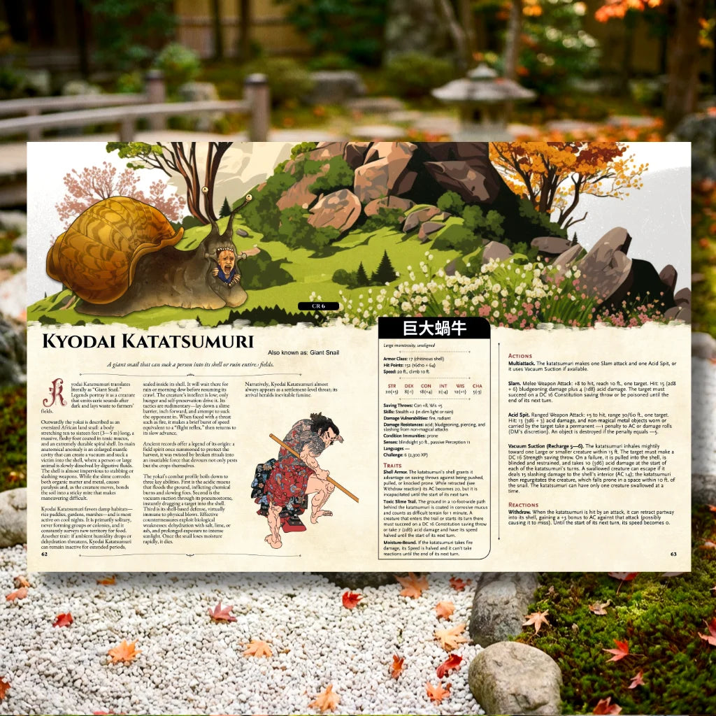 Book spread featuring Ryodai Katatsumuri, a unique dnd monster from the Yokai Bestiary 5E (Book Two) dnd 5e book. The left page shares Ryodai Katatsumuri’s legend, origins, and folklore, while the right page presents a detailed dnd 5e stat block and adventure hooks.  Perfect for players and collectors searching for dnd books, dnd books 5e, dnd 5e books, d&d monster lore, dnd monsters, d and d monsters, and new dungeons and dragons monsters to expand their tabletop campaigns;  dnd Yokai, dnd5e Yokai, fern